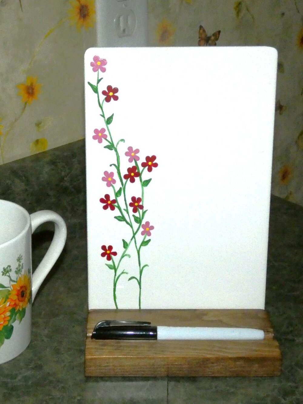 Red Pink Flower Ceramic Whiteboard, Dry Erase Message Board with Wood Stand